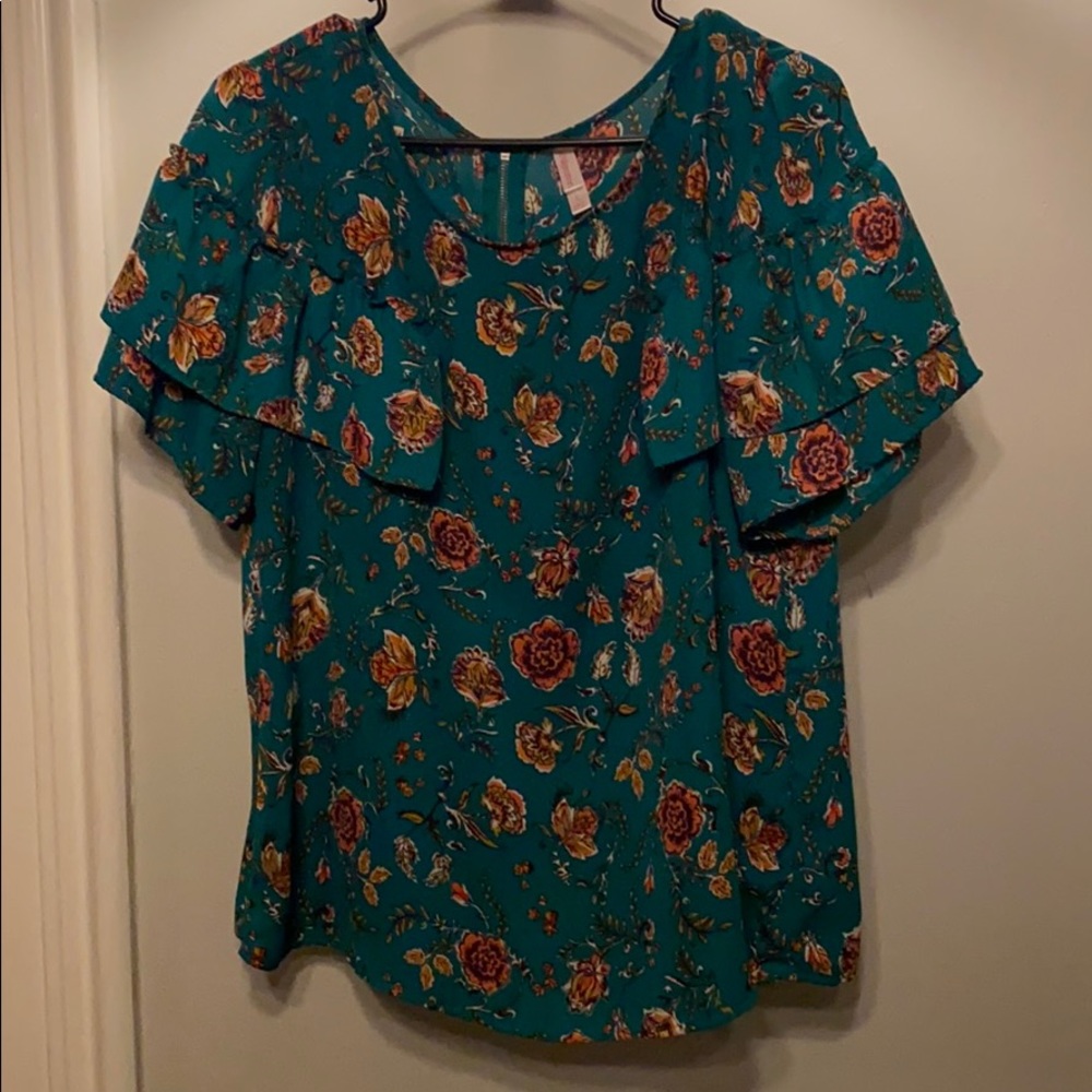 Teal floral ruffled blouse